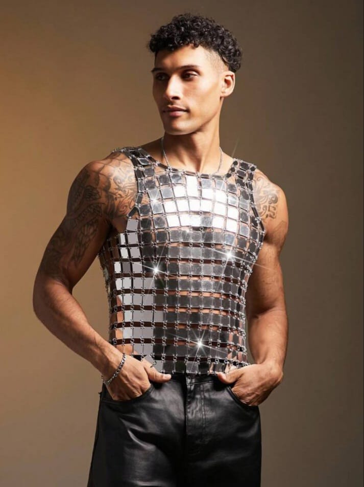 Uptown Funky Man Silver Sequin Linked Fashionable Vest Tank Top,